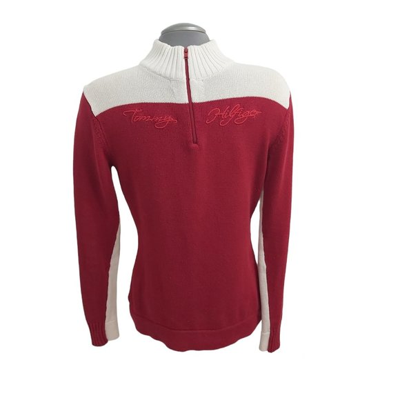 Tommy Hilfiger Embroidered Red and White Cotton Shirt Half Zip Women Size Large - Picture 1 of 12